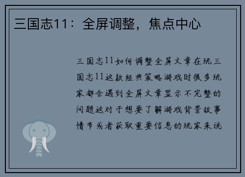 三国志11：全屏调整，焦点中心