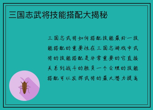 三国志武将技能搭配大揭秘