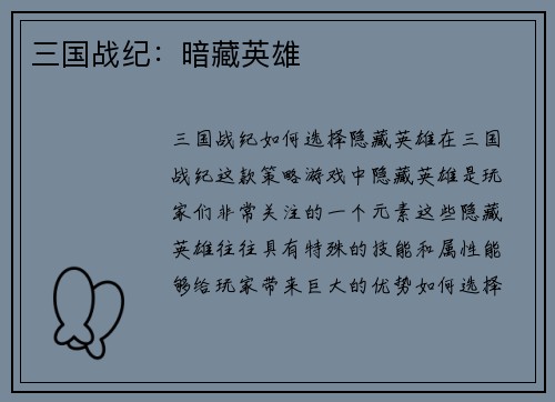 三国战纪：暗藏英雄