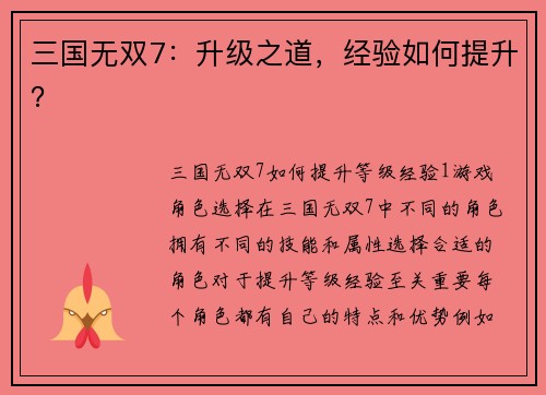 三国无双7：升级之道，经验如何提升？